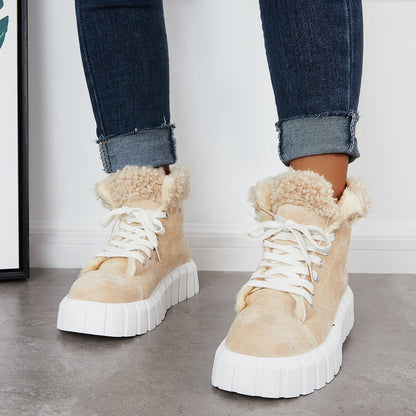 Lace Up Platform Warm Faux Fur Lined Booties Sneakers Boots