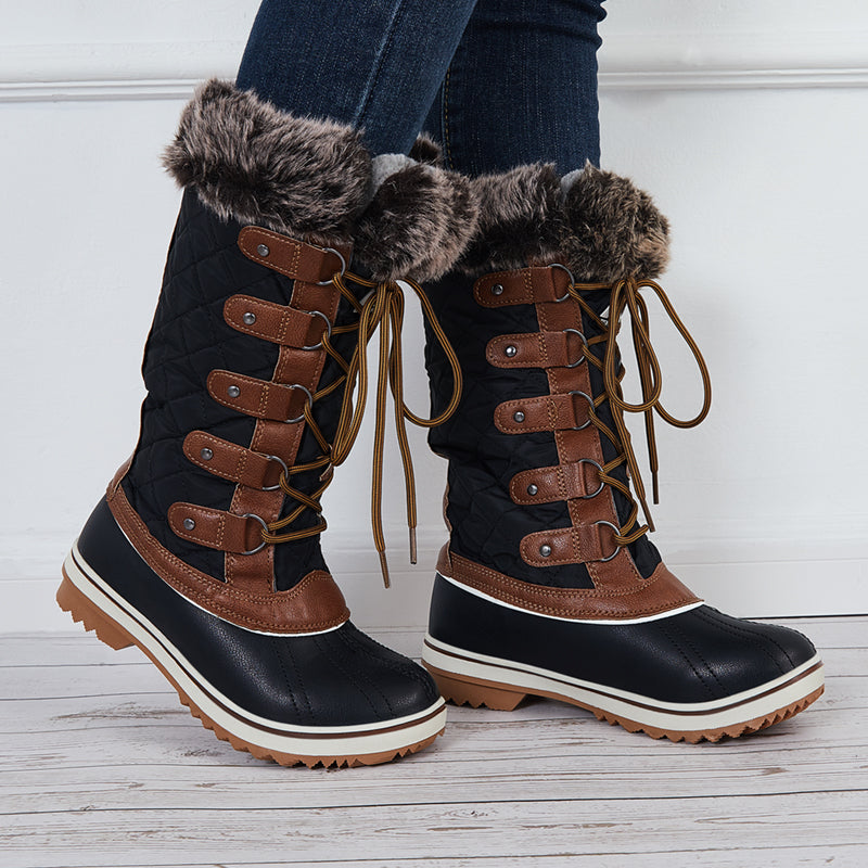Warm Snow Boots Faux Fur Lined Lace up Mid Calf Winter Duck Boots