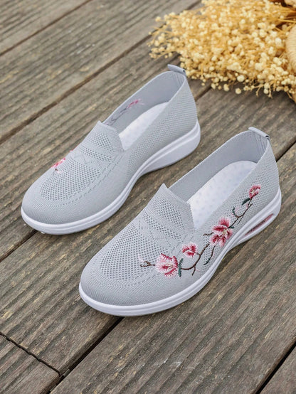 Sporty Sneakers For Women, Floral Embroidered Slip On Rocking Shoes