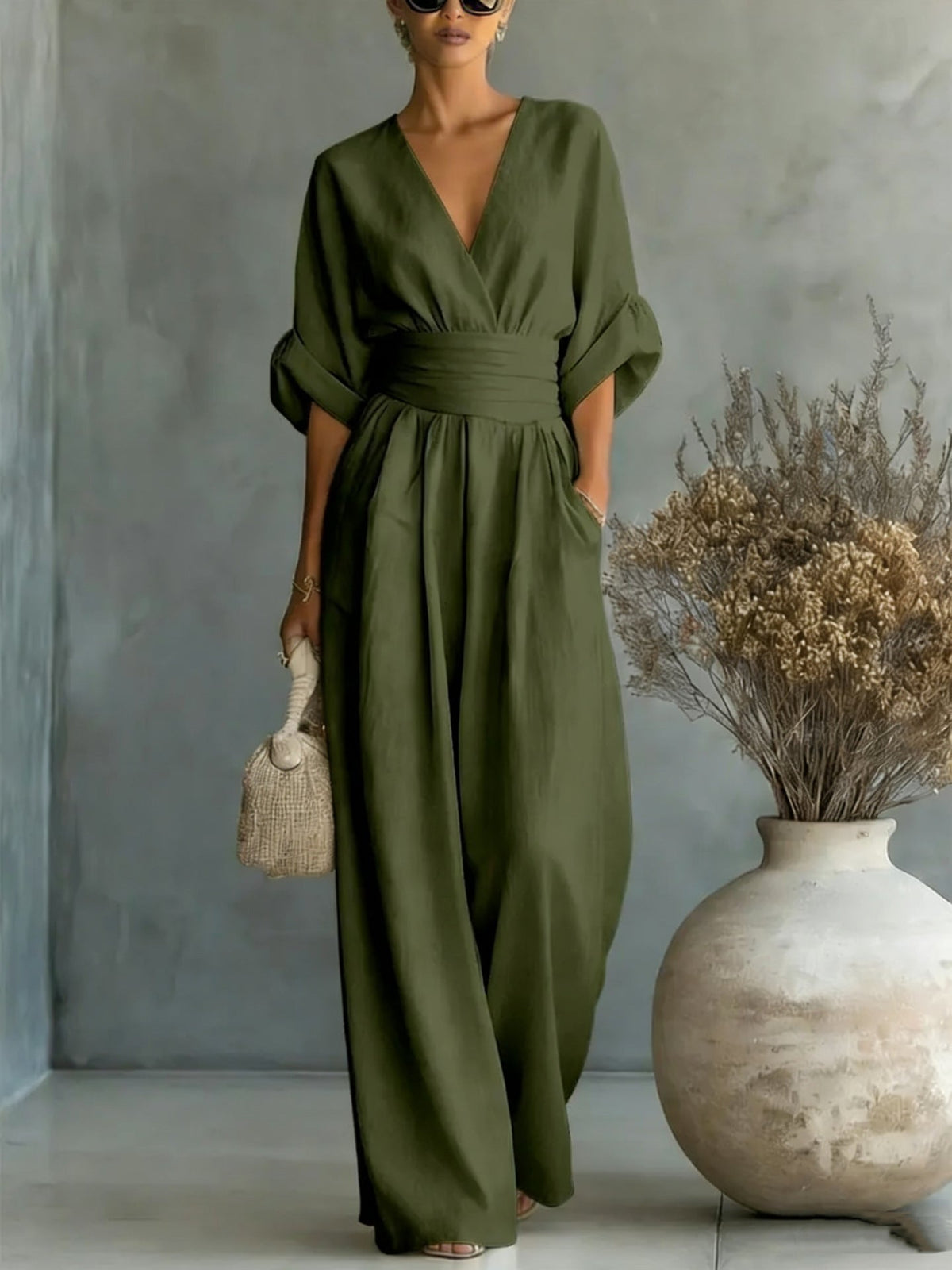 Women's Casual V-Neck Wide Leg Cotton Jumpsuit