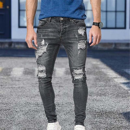 Men's Vintage Denim Ripped Straight Jeans Stacked Ripped