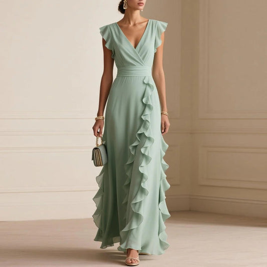 Women's Elegant V-Neck Pleated Maxi Dress