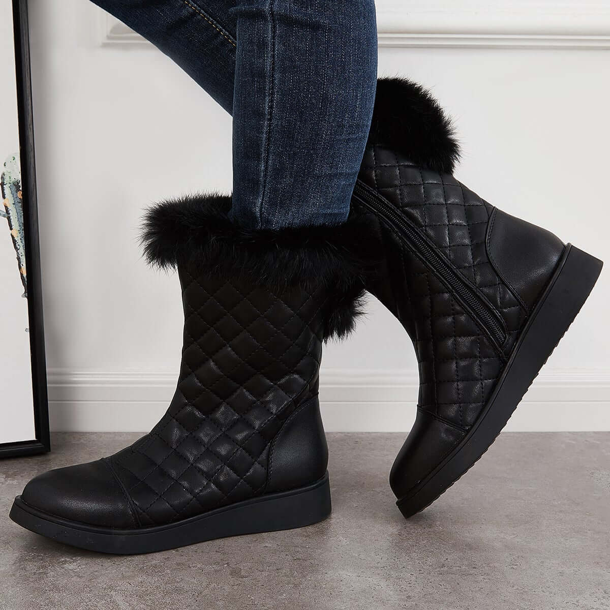 Warm Faux Fur Mid Calf Snow Boots Side Zipper Winer Boots
