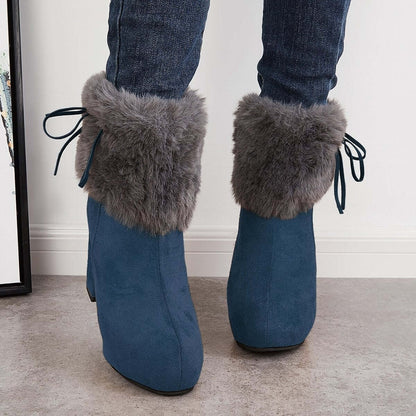 Furry Lined Ankle Snow Boots Platform Chunky High Heel Booties