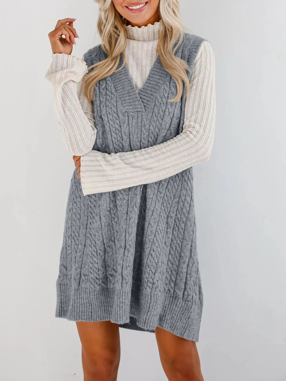 Soft V-Neck Knit Sweater Dress - OutfitLondon