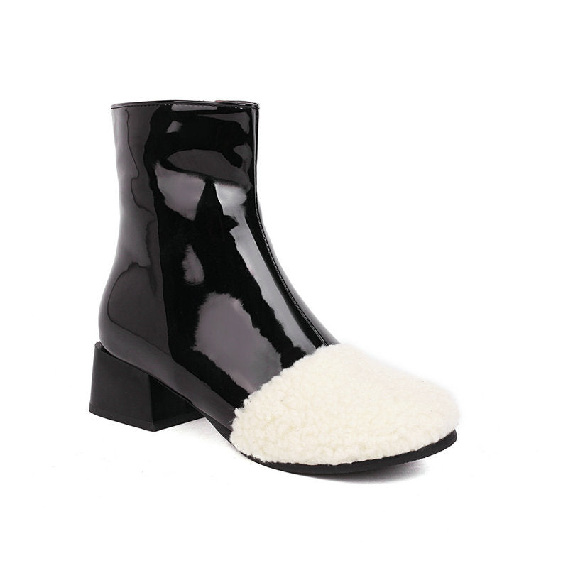 Winter Leather Waterproof Ankle Boots Block Heel Warm Snow Booties