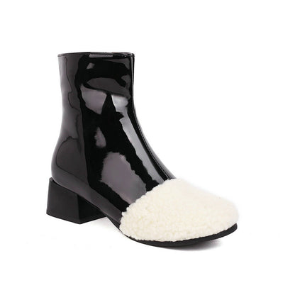 Winter Leather Waterproof Ankle Boots Block Heel Warm Snow Booties