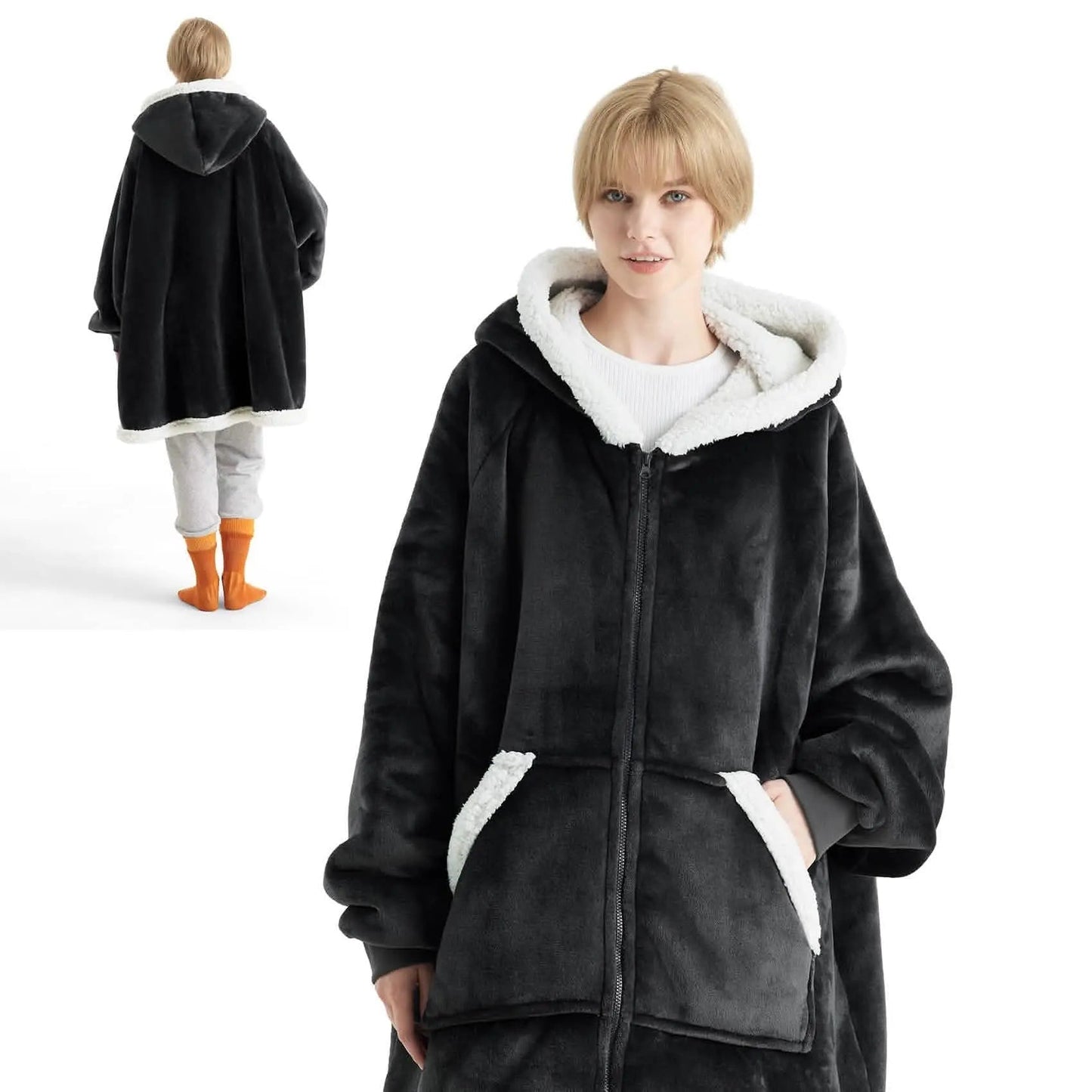 Plush Fleece Wearable Blanket Hoodie - Warm Zip Up
