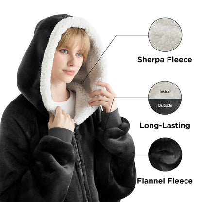 Plush Fleece Wearable Blanket Hoodie - Warm Zip Up