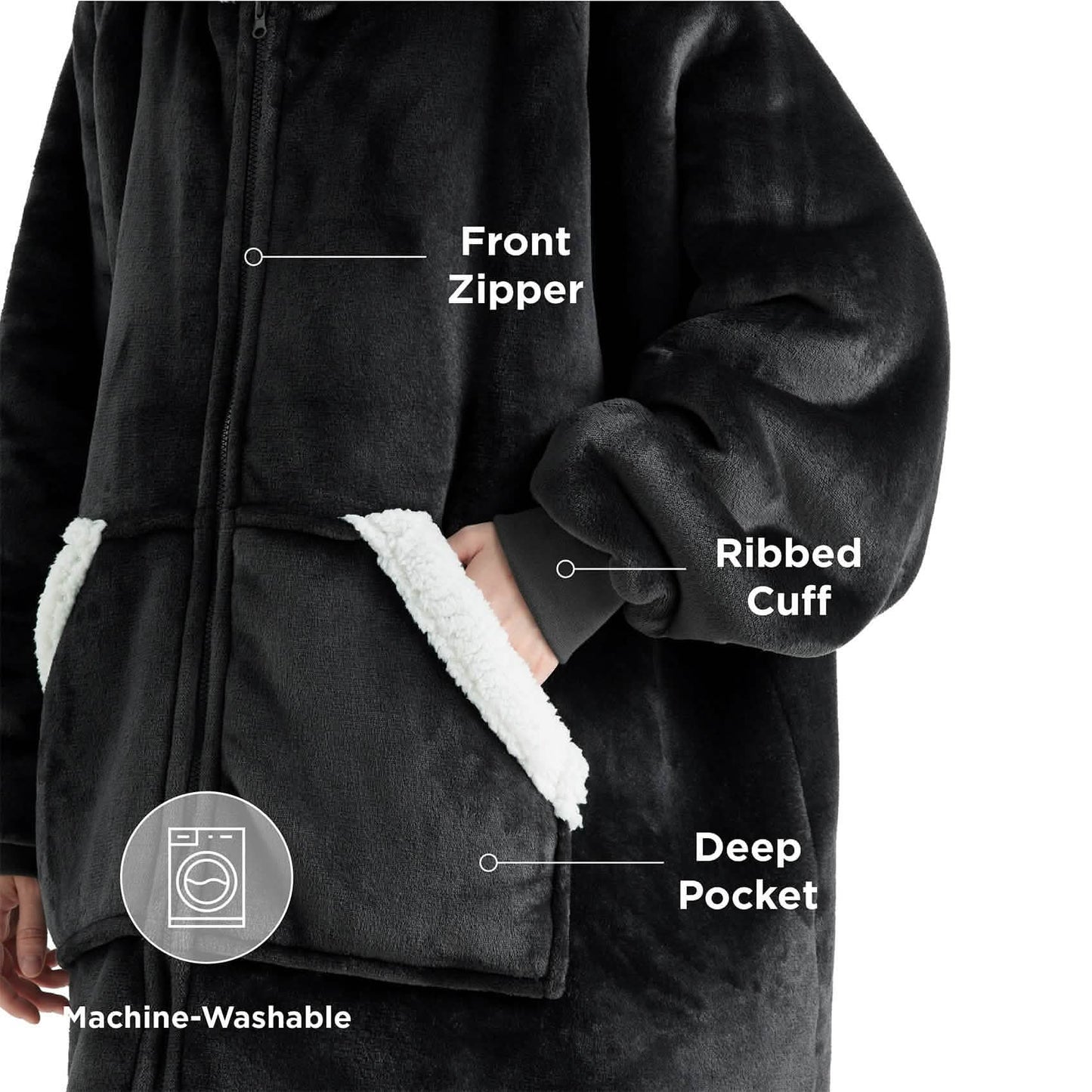 Plush Fleece Wearable Blanket Hoodie - Warm Zip Up