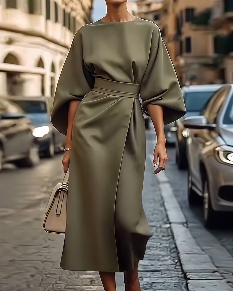 Elegant Long Sleeve Belted Women's Dress