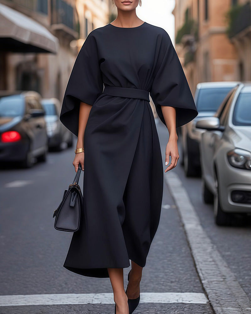 Elegant Long Sleeve Belted Women's Dress - OutfitLondon