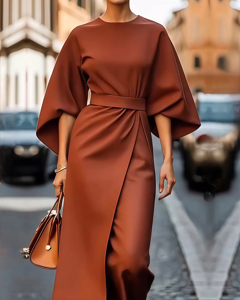 Elegant Long Sleeve Belted Women's Dress