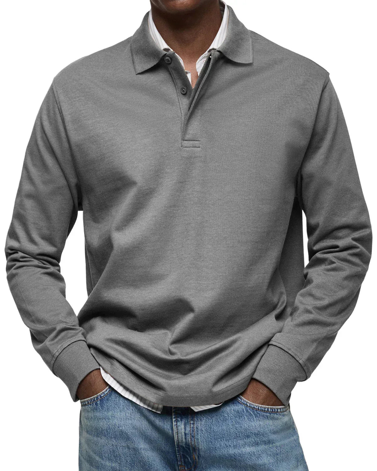Men's Simple Long Sleeve Polo Top - Everyday Basic Tee