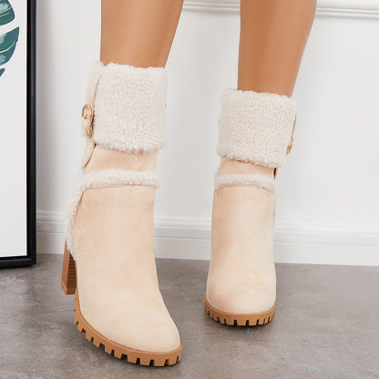 Fur Lined Ankle Snow Boots Side Zipper Chunky Heel Booties