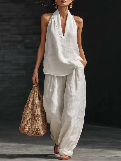 Women's Casual V-Neck Halter Cotton Top and Wide-Leg Pants Set