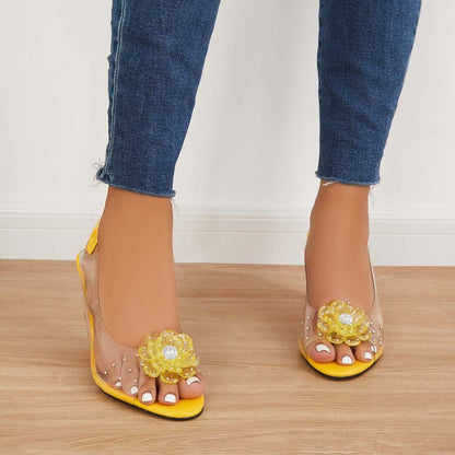 Women's Clear Flower Rhinestone Sparkly Slingback Heels Wedge Sandals