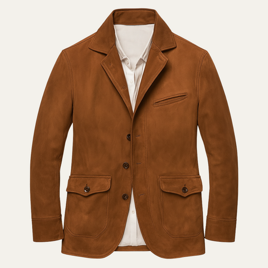 Classic Tan Suede Men's Blazer Jacket - Elegant Office Wear - OutfitLondon
