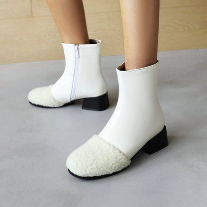 Winter Leather Waterproof Ankle Boots Block Heel Warm Snow Booties