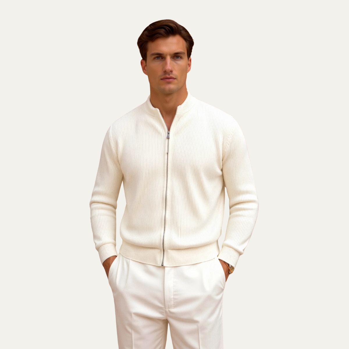Classic Men's Beige Crew Neck Knit Cardigan