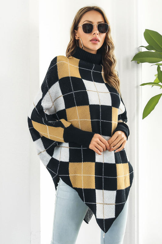 Plaid Large Turtleneck Wrap Cape - OutfitLondon