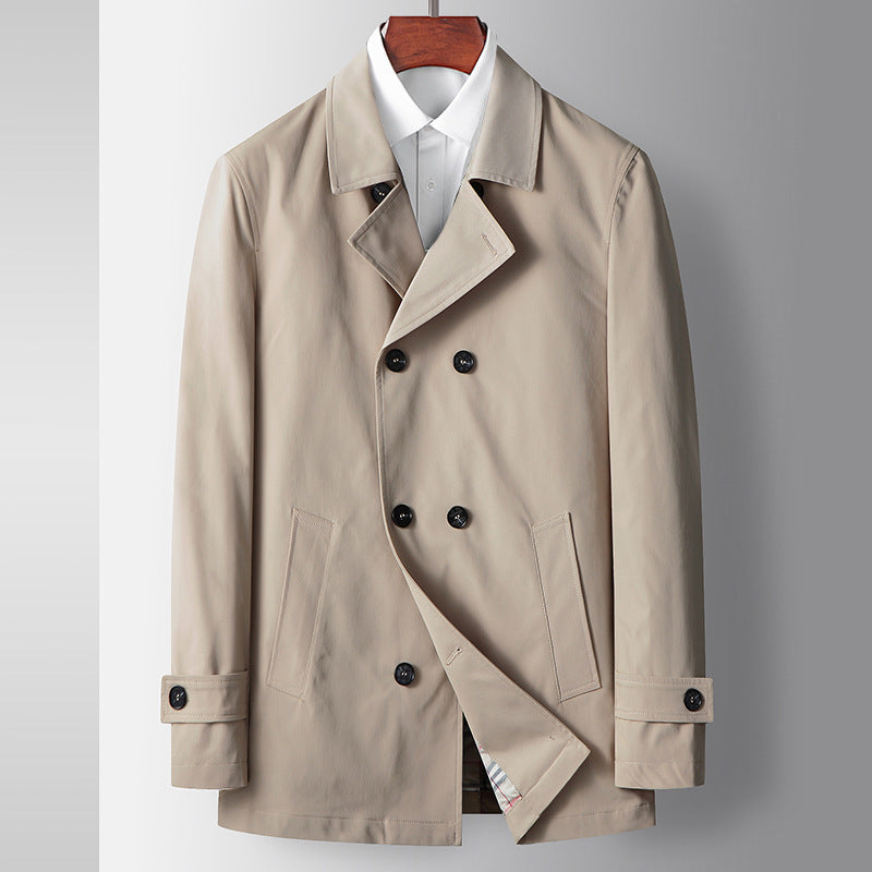 Men's Classic Wool Blend Double-Breasted Trench Coat with Lapel
