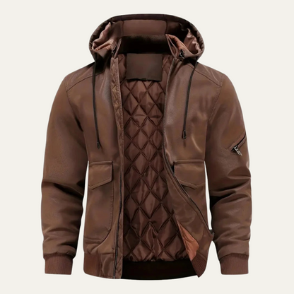 Warm Mens Brown Leather Puffer Coat with Hood - OutfitLondon
