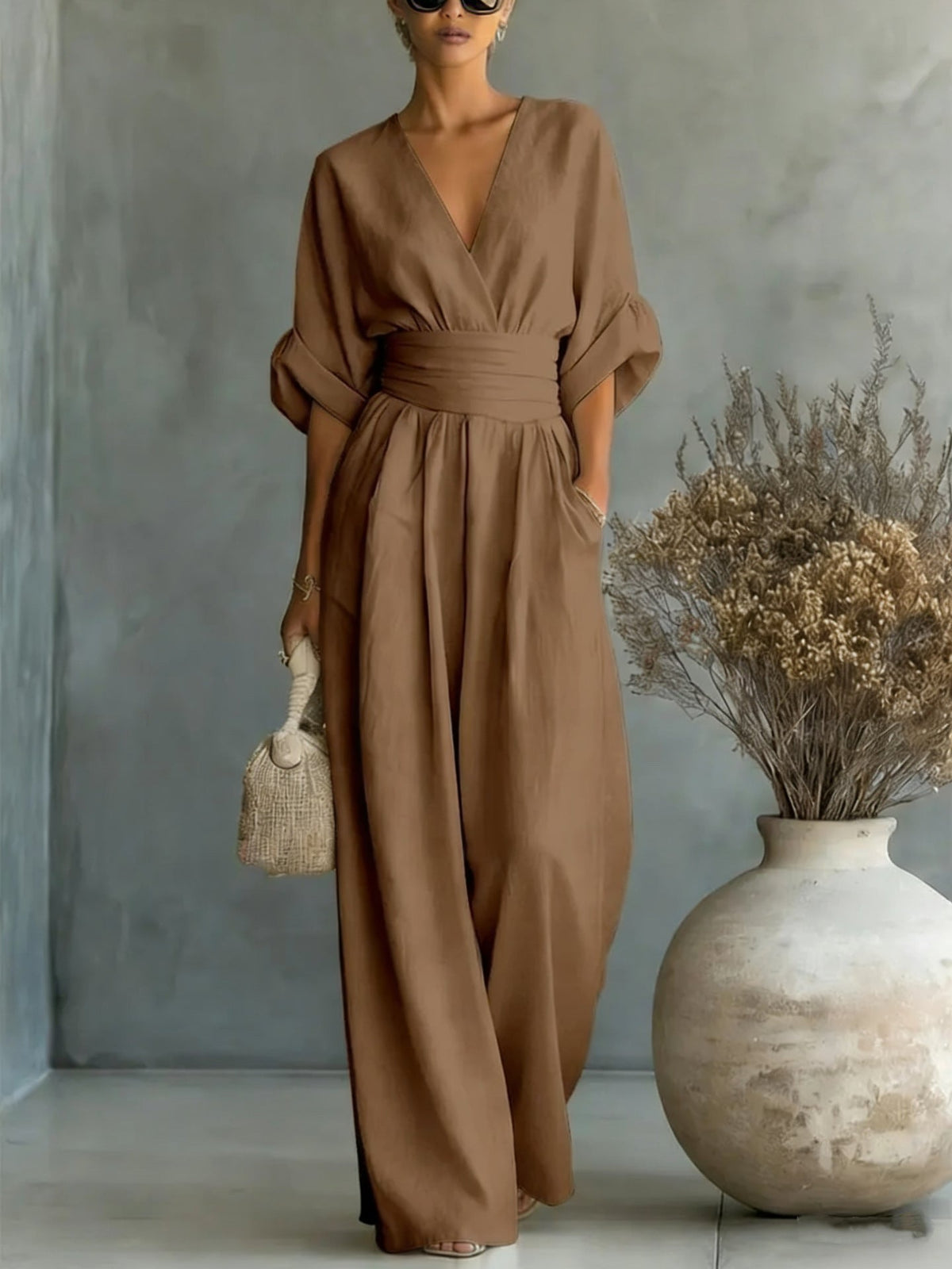 Women's Casual V-Neck Wide Leg Cotton Jumpsuit