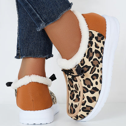 Leopard Winter Warm Flats Plush Faux Fur Lined Non Slip Boots