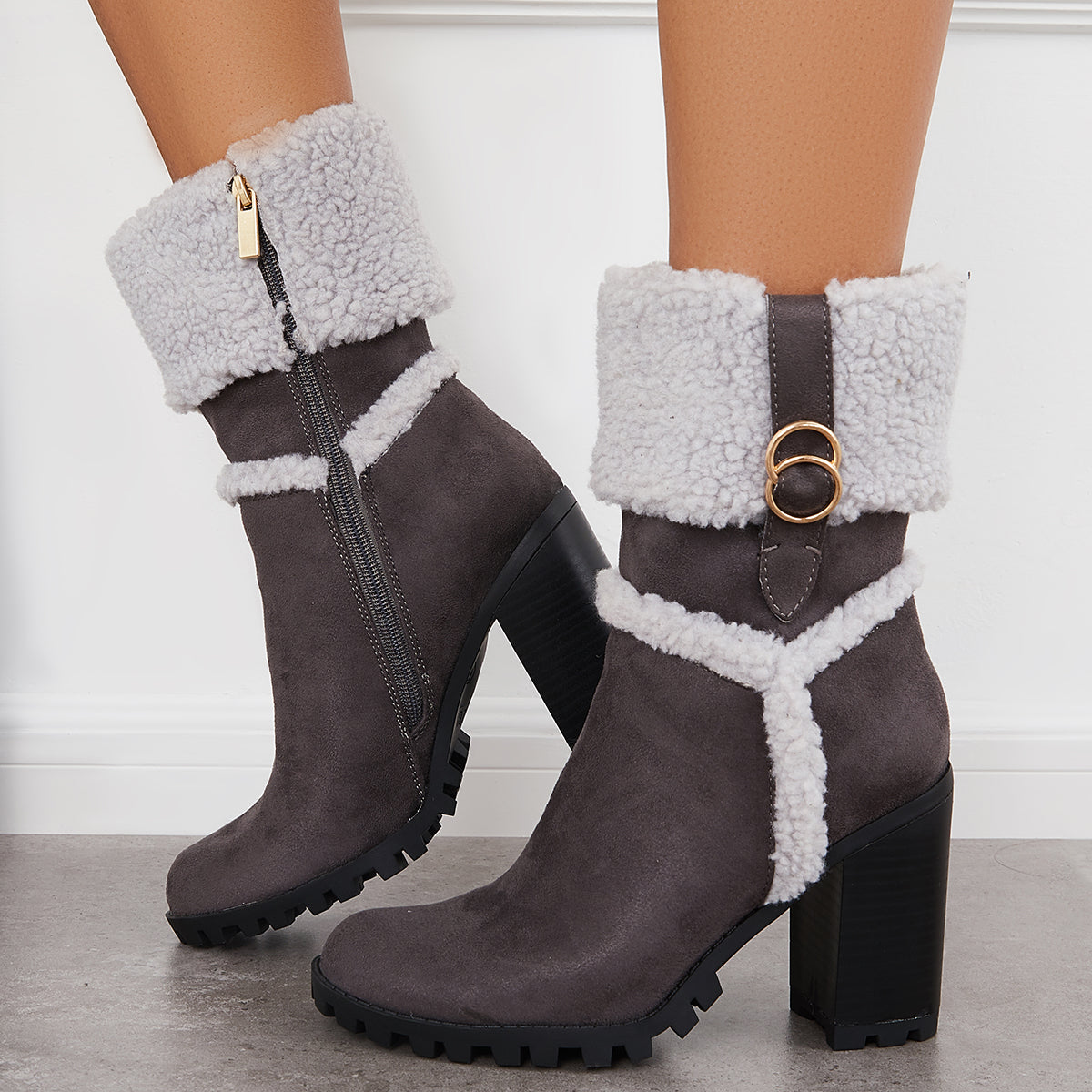 Fur Lined Ankle Snow Boots Side Zipper Chunky Heel Booties