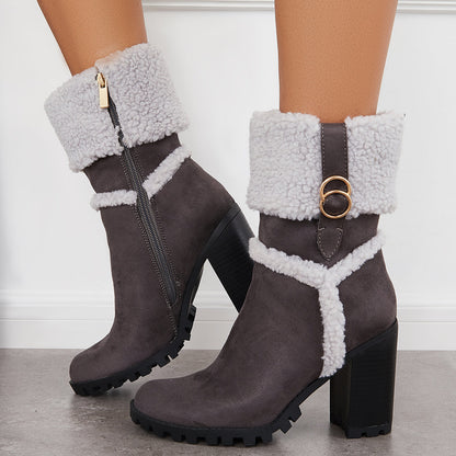 Fur Lined Ankle Snow Boots Side Zipper Chunky Heel Booties