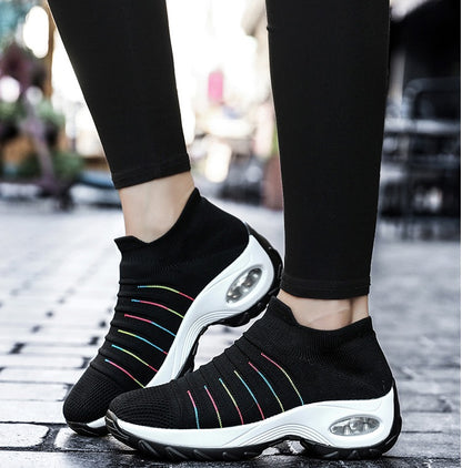 Woman's Striped Pattern Knit Sports Shoes