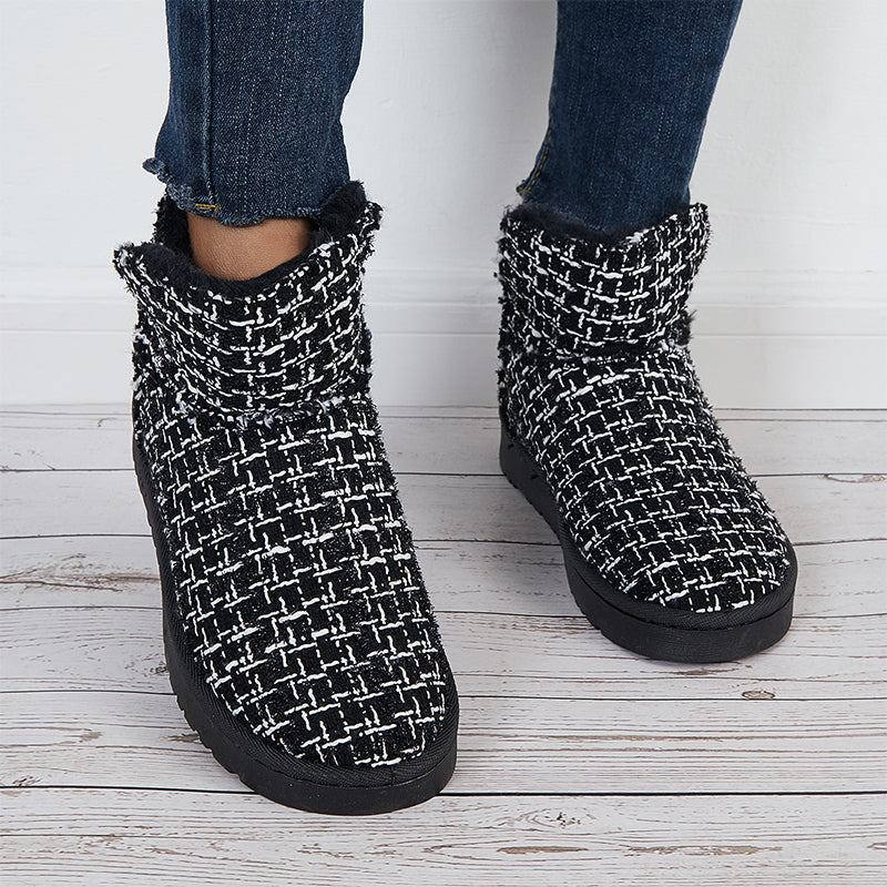 Plaid Design Slip On Ankle Boots Winter Thermal Snow Short Booties