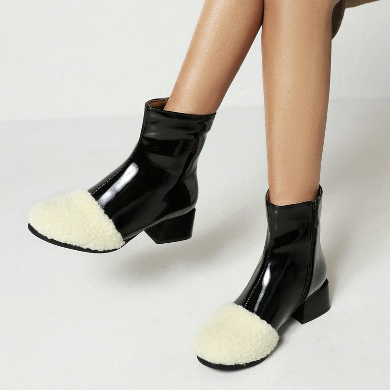 Winter Leather Waterproof Ankle Boots Block Heel Warm Snow Booties