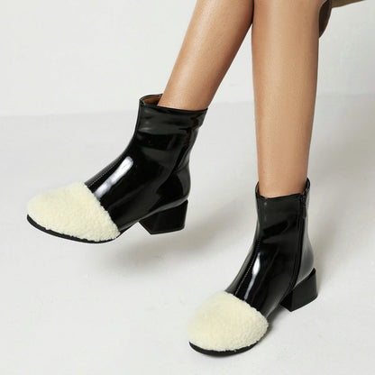 Winter Leather Waterproof Ankle Boots Block Heel Warm Snow Booties