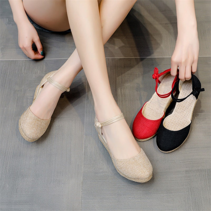 Women's Wedge Espadrilles - Closed Toe - Braided Jute Sole - Ankle Strap