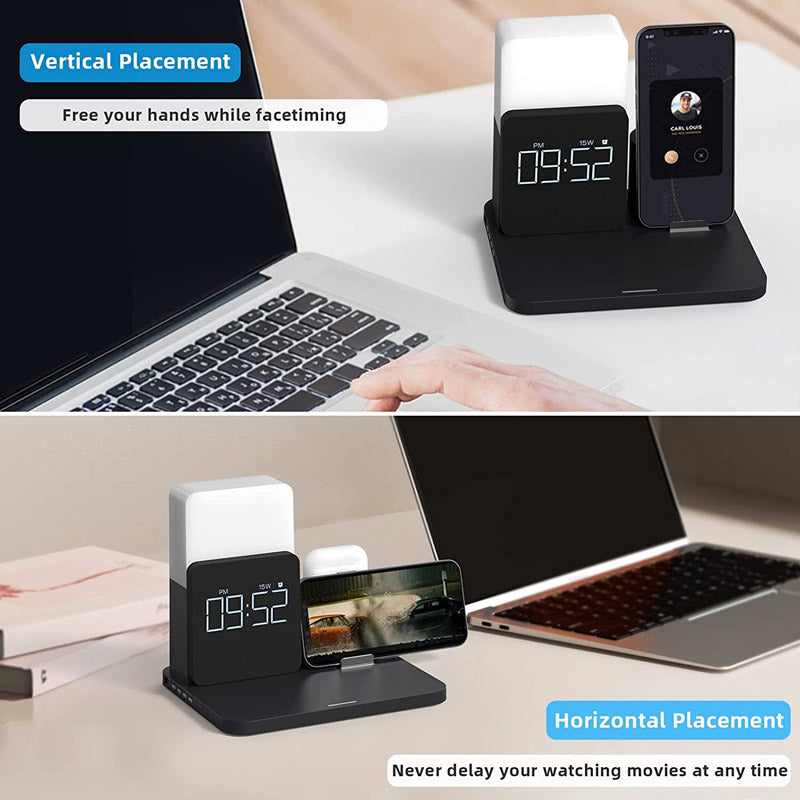 4 In 1 Fast Wireless Charger Station & Lamp With Alarm Clock