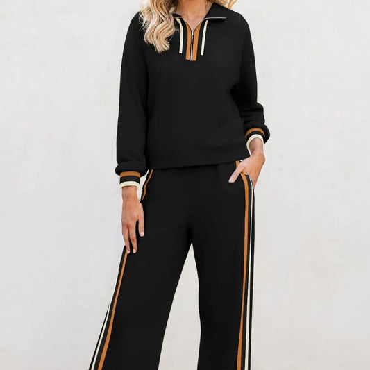 Women's Casual Quarter Zip Cotton Pullover and Loose Pants Set