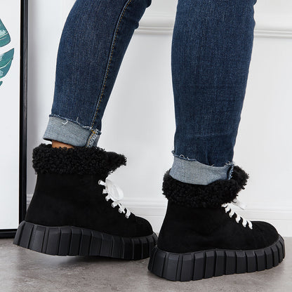 Lace Up Platform Warm Faux Fur Lined Booties Sneakers Boots