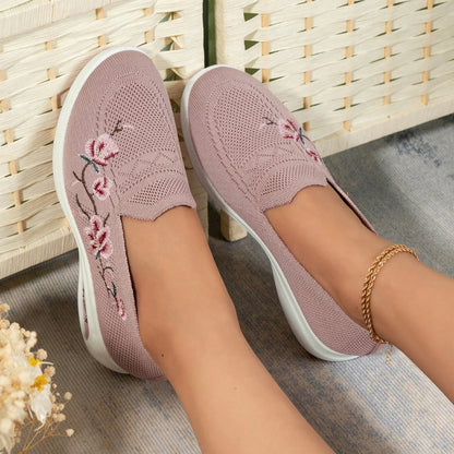 Sporty Sneakers For Women, Floral Embroidered Slip On Rocking Shoes