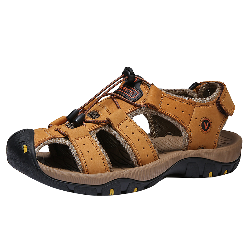 Men Summer Beach Leather Sandals Closed Toe Hollow out Breathable Shoes