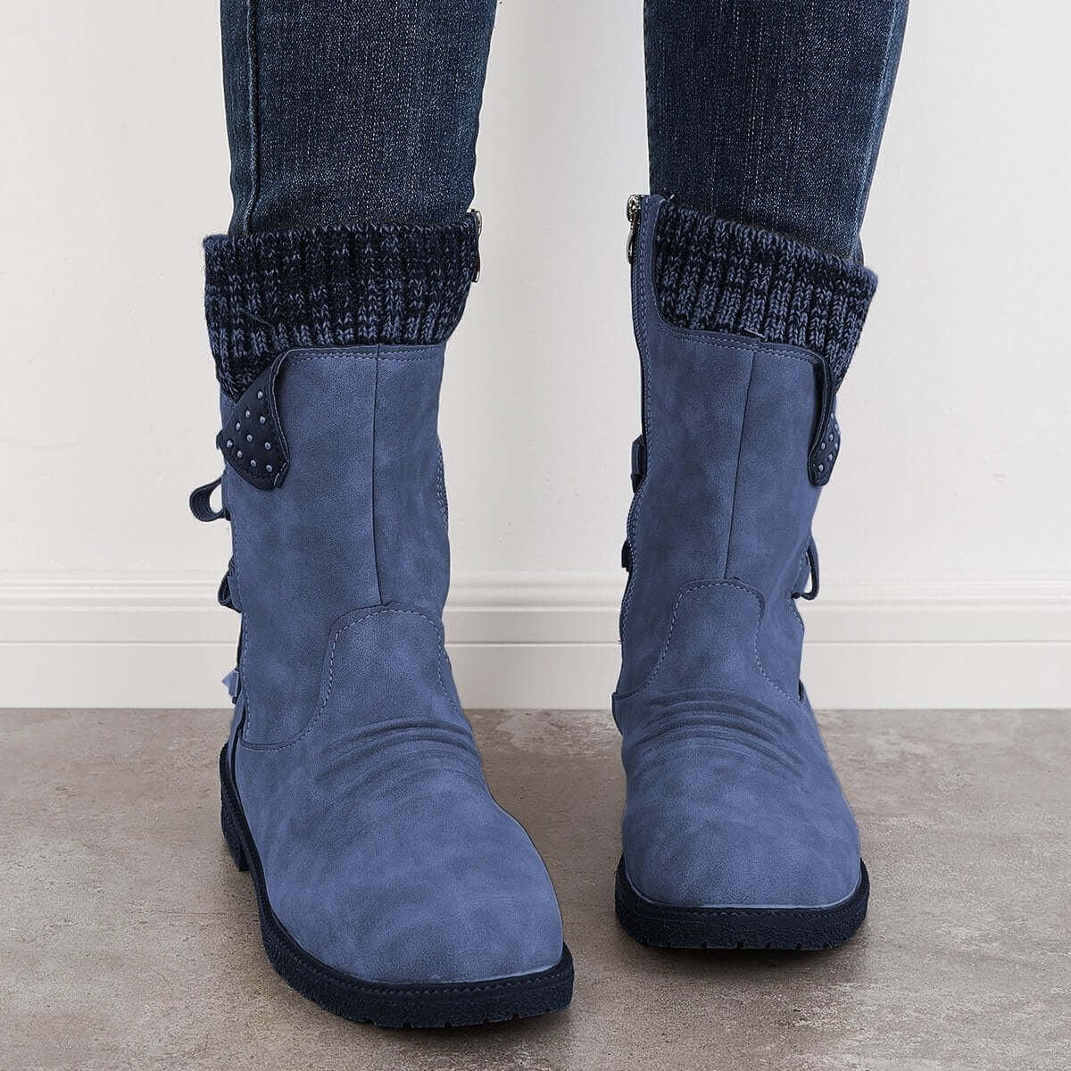 Waterproof Suede Block Heel Ankle Boots Side Zipper Booties