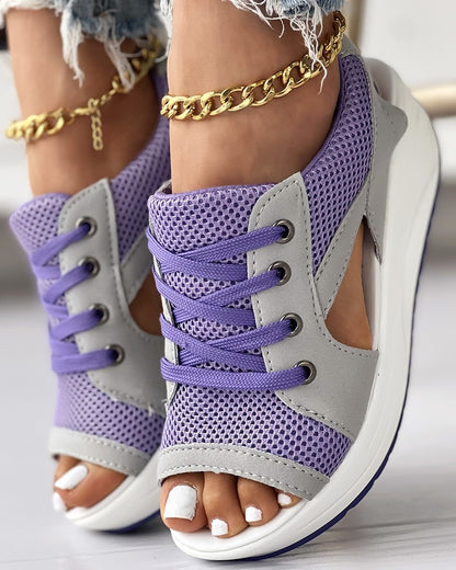 Contrast Paneled Cutout Lace-up Muffin Sandals