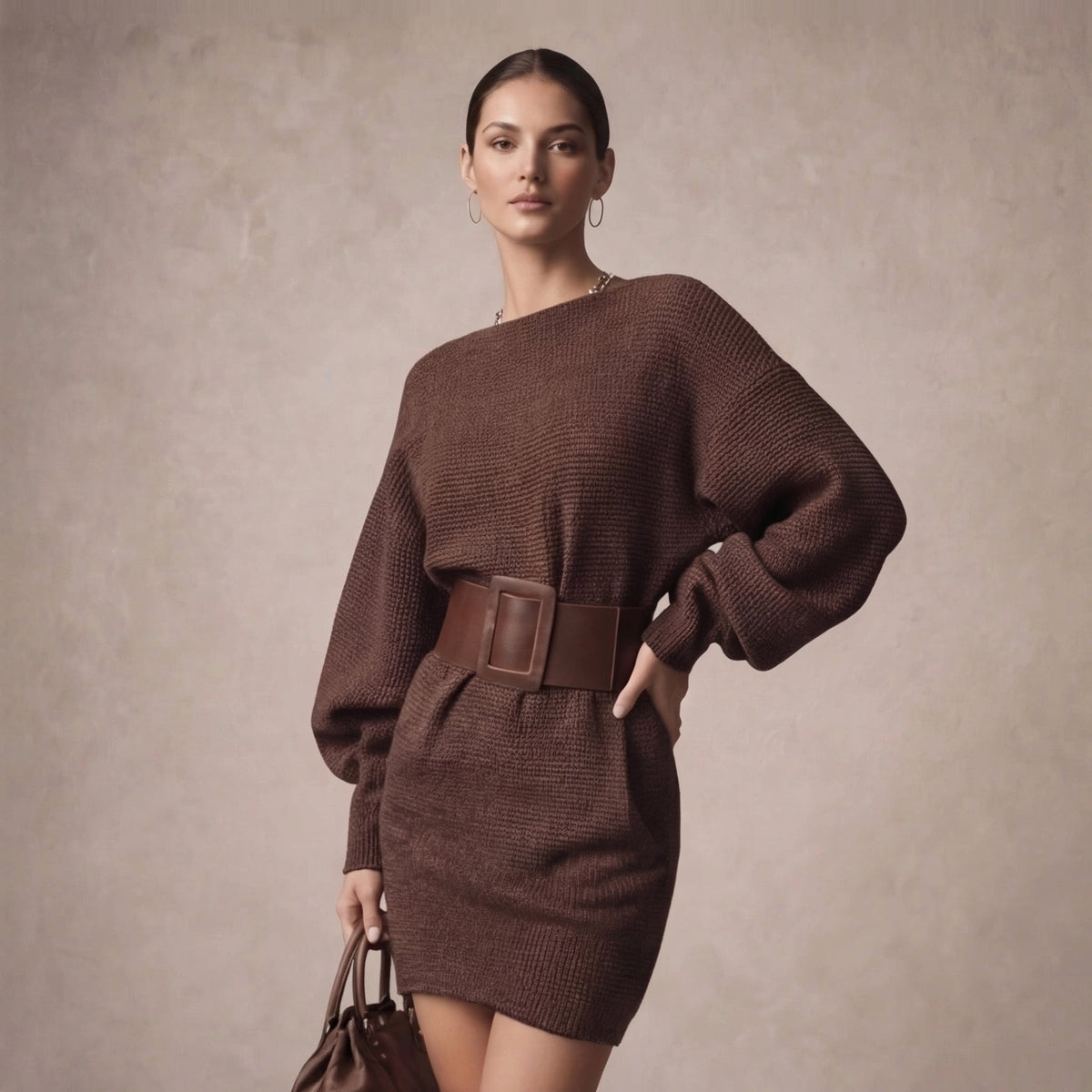 Women's Elegant Knit Belted Waist Mini Dress