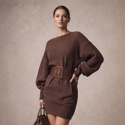 Women's Elegant Knit Belted Waist Mini Dress