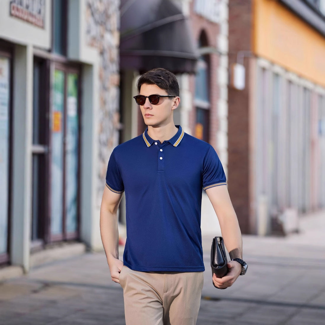 Men's Casual Cotton Short-Sleeve Polo Shirt with Lapel Collar