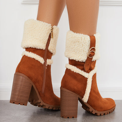 Fur Lined Ankle Snow Boots Side Zipper Chunky Heel Booties