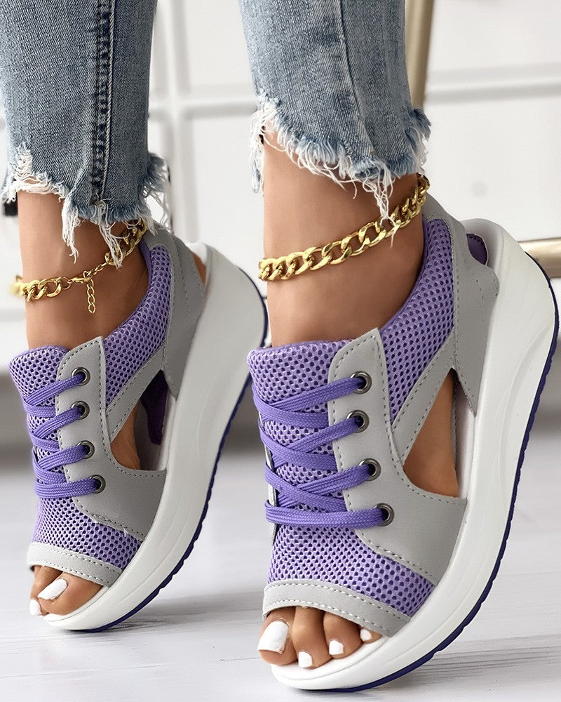 Contrast Paneled Cutout Lace-up Muffin Sandals