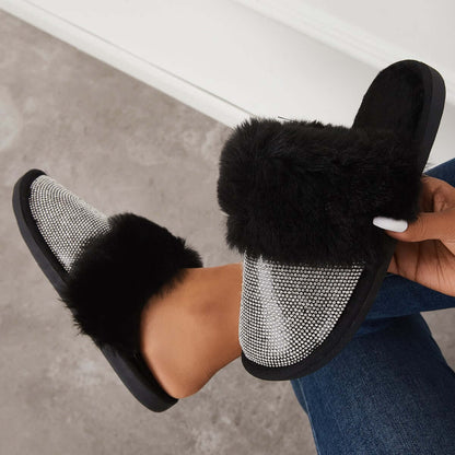 Black Warm Faux Fur Mule Slipper Furry Soft Slip on Shoes