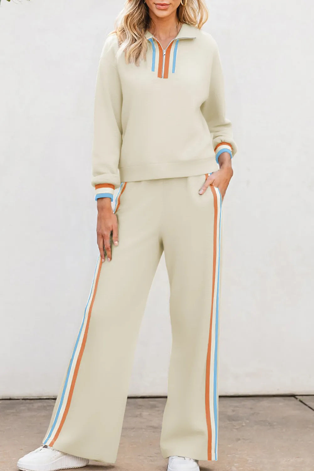 Women's Casual Cotton Blend Striped Quarter Zip Pullover Set